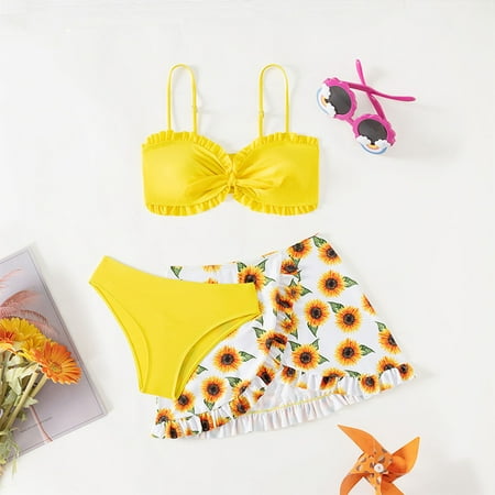 Gamivast Girls Swimsuit 3 Piece Bathing Suits Criss Cross Color Block Bikini Set with Beach Vacation Travel Cover Up Swimwear Yellow6-8 Trajes De Baño Para Niños Y Niñas Flash Deals