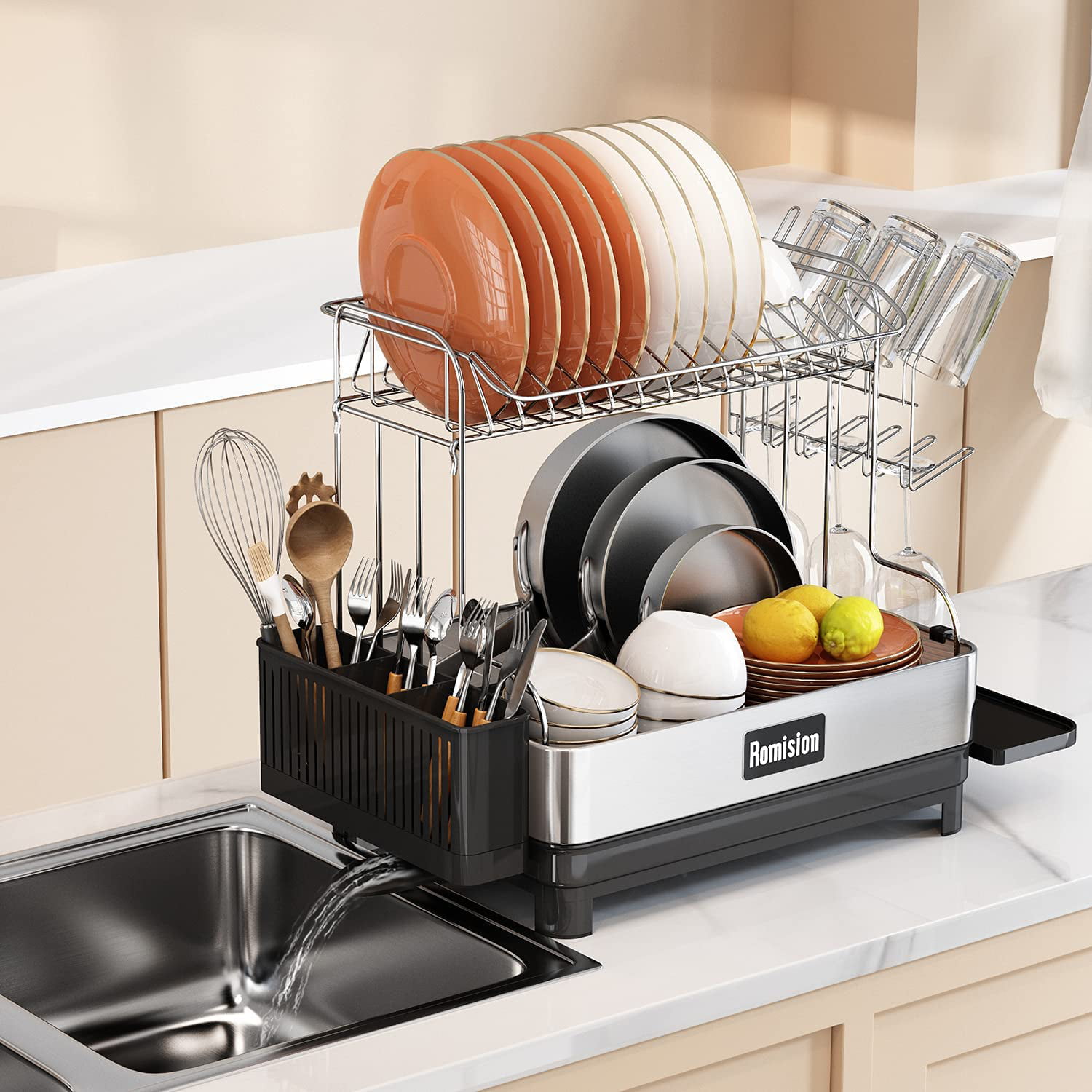 romision Dish Drying Rack and Drainboard Set, 2 Tier Large Stainless Steel  Sink Organizer Dish Racks with Cups Holder, Utensil H - AliExpress