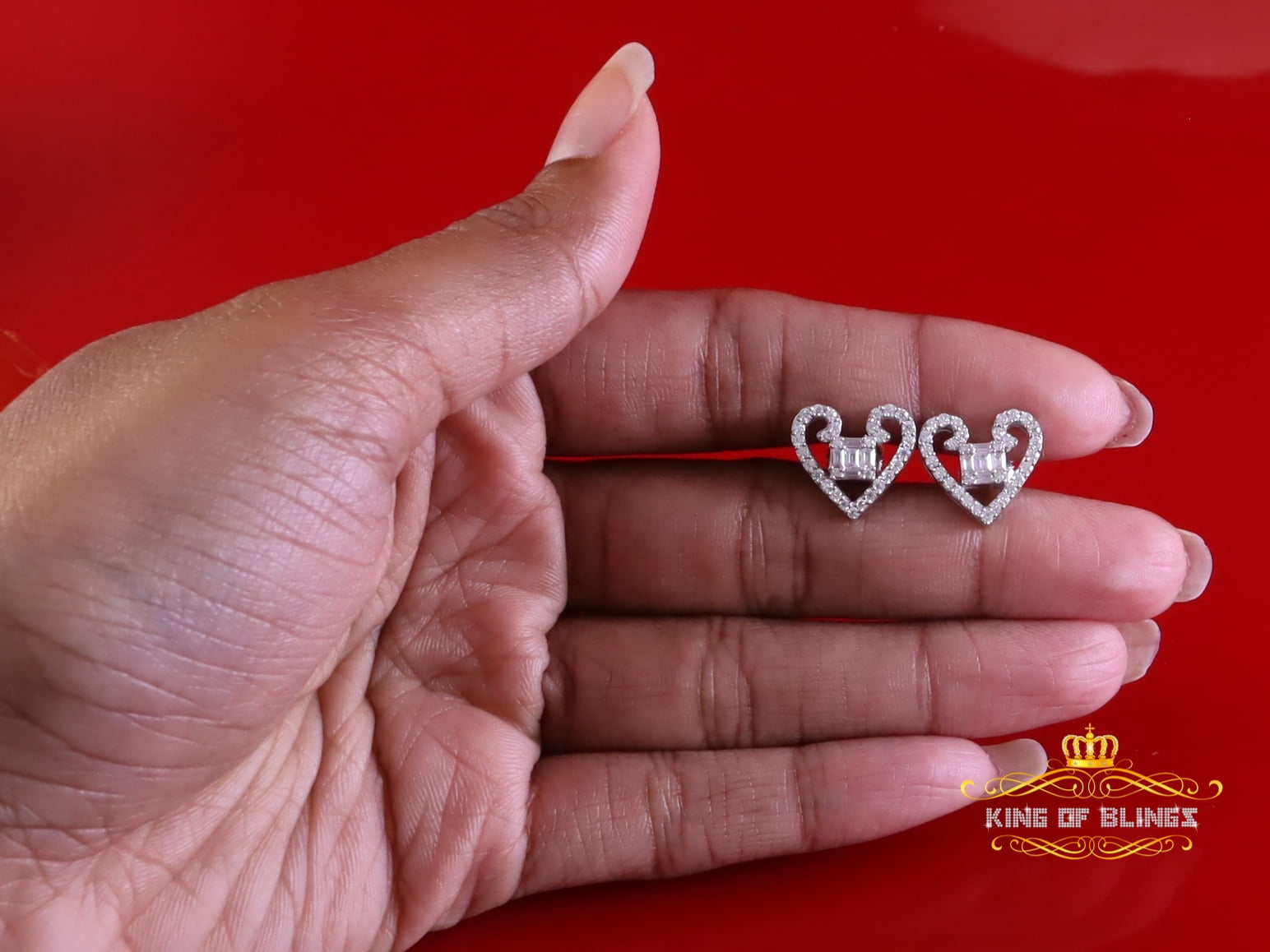 King of Bling's Men/Women Stud 925White Silver Heart Baguette Earrings 1.00ct VVS D Moissanite