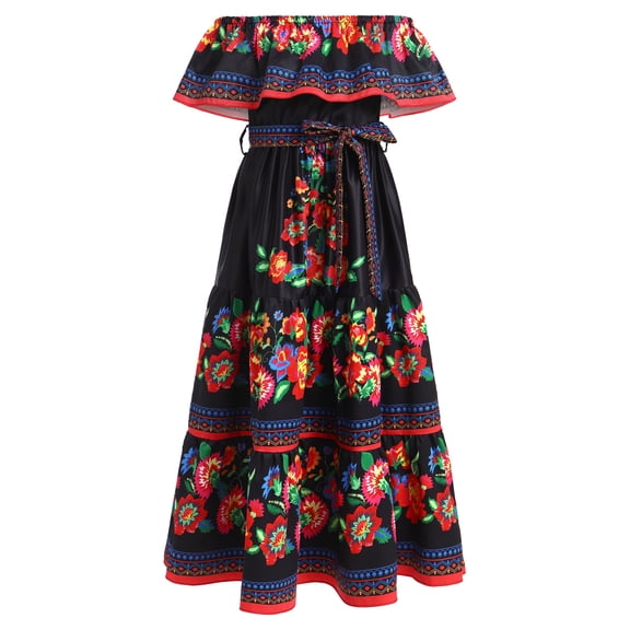 IDOPIP Girls Mexican Dress Spring Summer Floral Print Off-Shoulder Ruffle Traditional Folk Maxi Dress Belted Cinco De Mayo Fiesta Sundress 11-12 Years Black