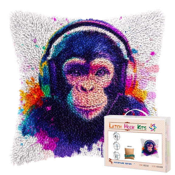 DIY Latch Hook Pillow Kits Watercolor Monkey Printed Pillowcase Crochet Yarns Hooking Handmade Pillow Cover Cushion for Home Sofa Decoration 17x17inch-1