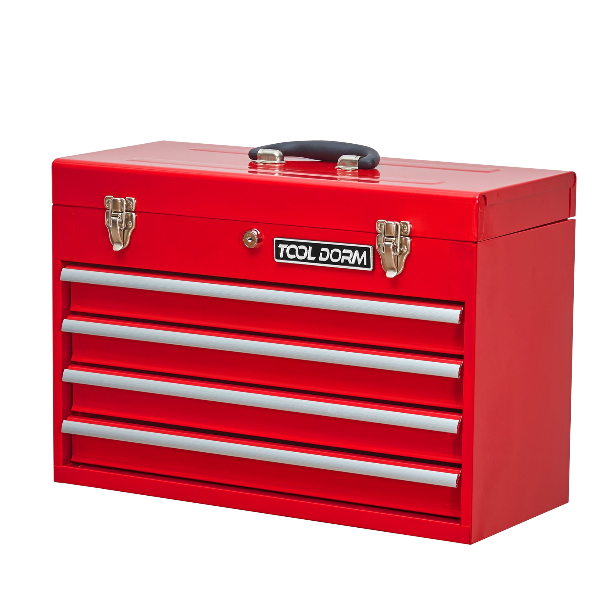 Metal Tool Box with 4 Drawers Portable Steel Tool Chest with Metal Cylinder Lock and Latch Closure, Liner, Red Powder Coating, Suitable for Garage, Warehouse and Outdoor