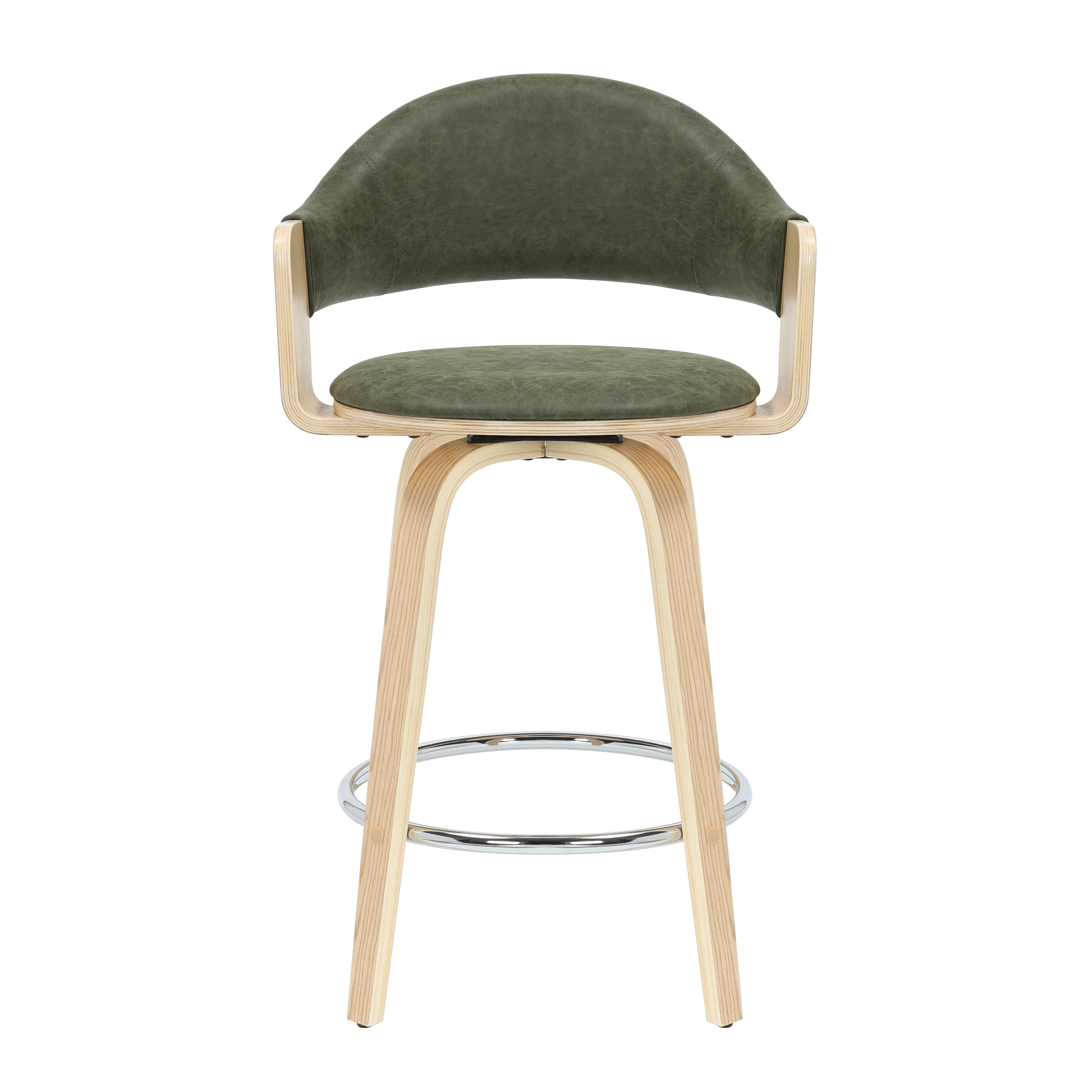 Daxton 36 in. H Swivel Counter Height Vintage Green Round Back Wood Bar Stool with Faux Leather Seat