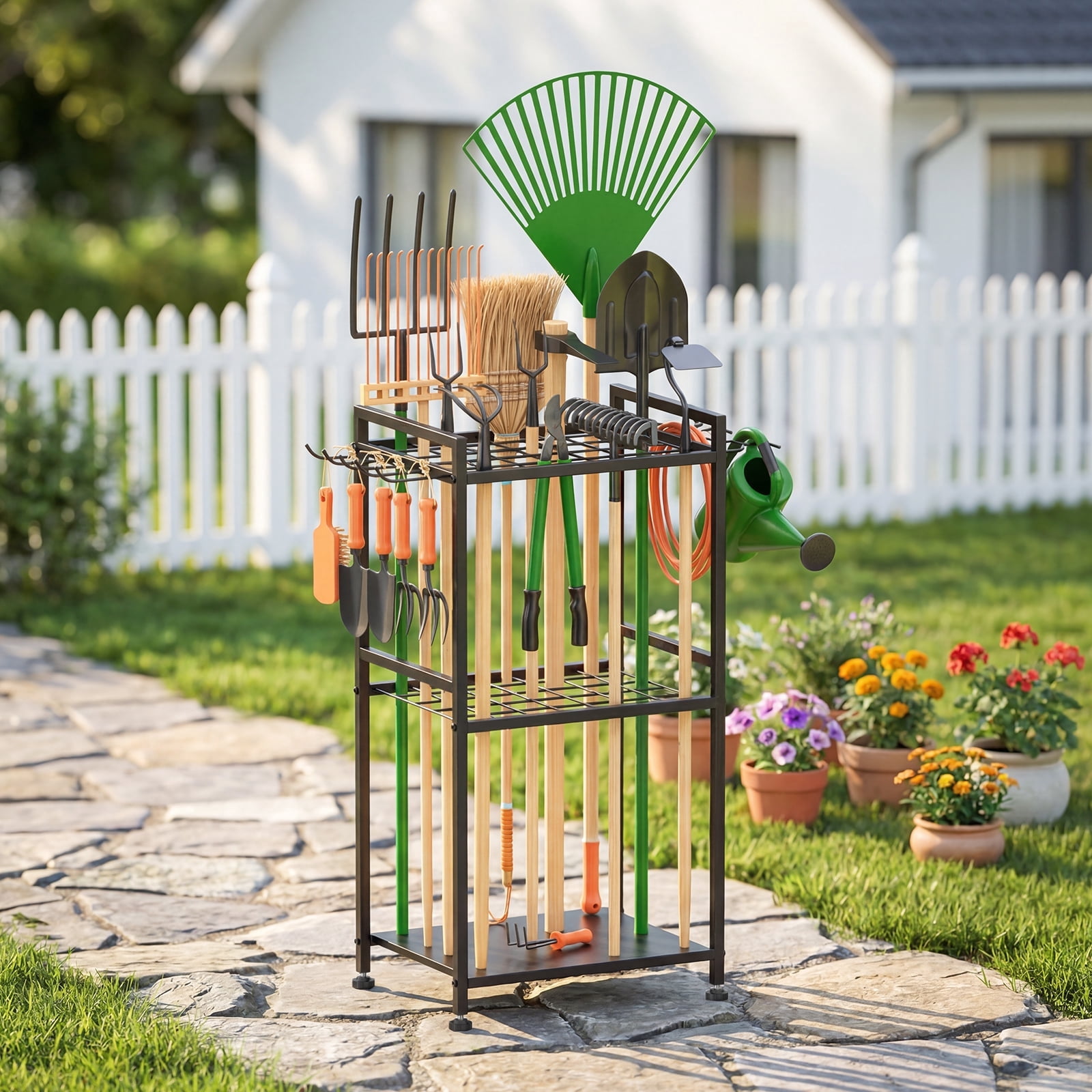 Garden Tool Organizer Rack with Hooks,Holds Up to 35 Long-Handled Tools, Rakes and Brooms, Metal Steel Stand for Shed or Outdoor Storage Backyard
