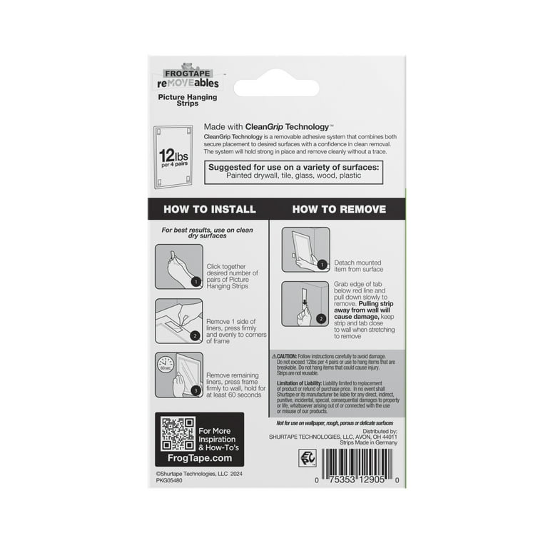 FrogTape reMOVEables Medium White Picture Hanging Strips, 12 Pairs