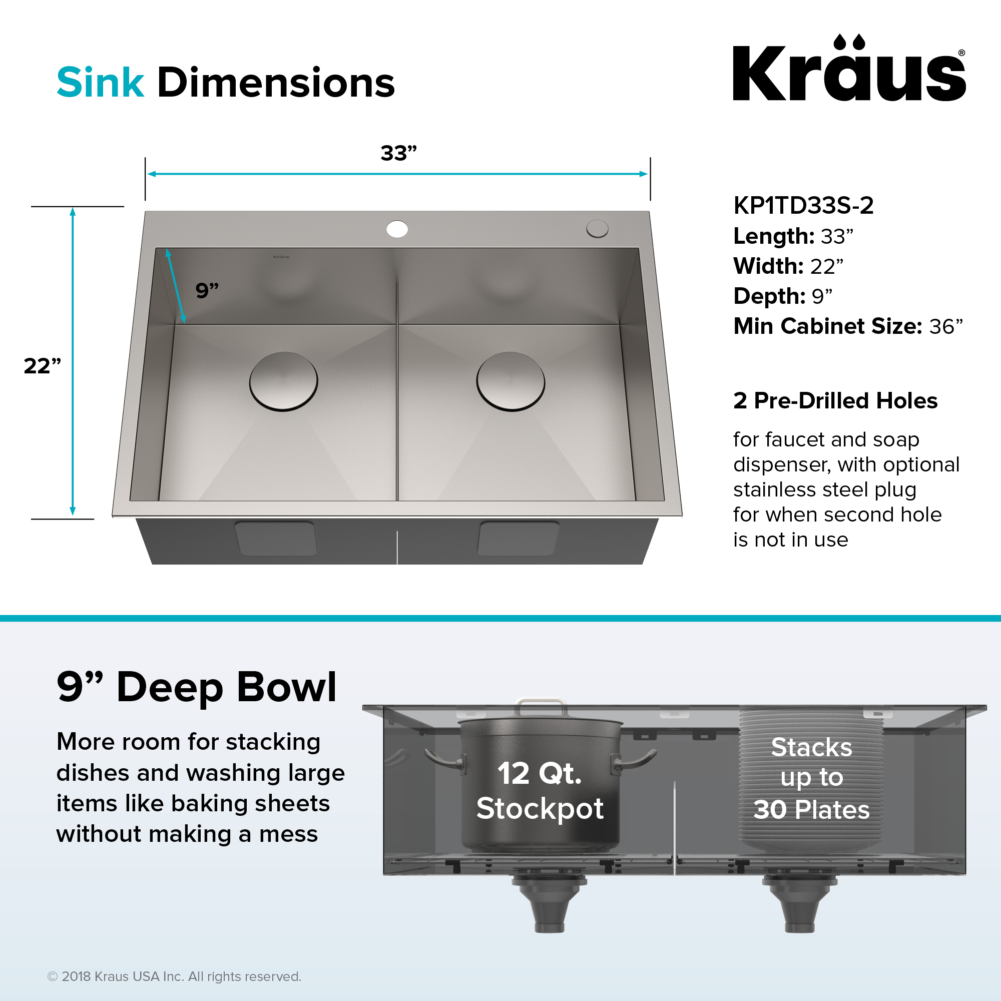 KRAUS 33 x 22 inch Pax Drop-In Topmount 16 Gauge Zero-Radius Double Bowl 2-Hole Stainless Steel Kitchen Sink - image 5 of 15