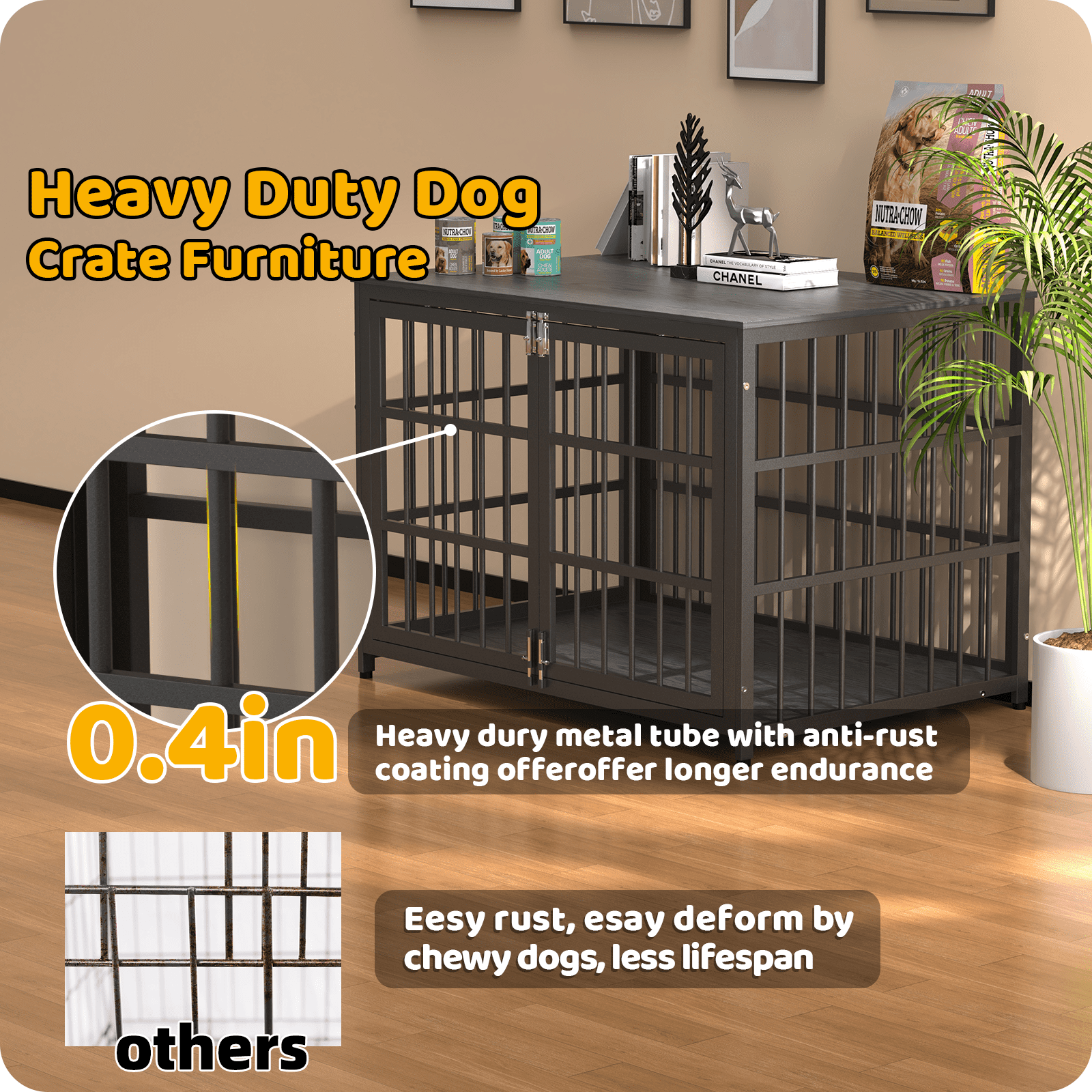 Ironovahome 42" Heavy Duty Dog Crate Furniture, Chew-Proof & Escape-Proof Wooden Dog Cage with Safe Locks & Double Doors, XL Indoor Dog Kennel Pet House for Large Dogs Up to 85lb, Black