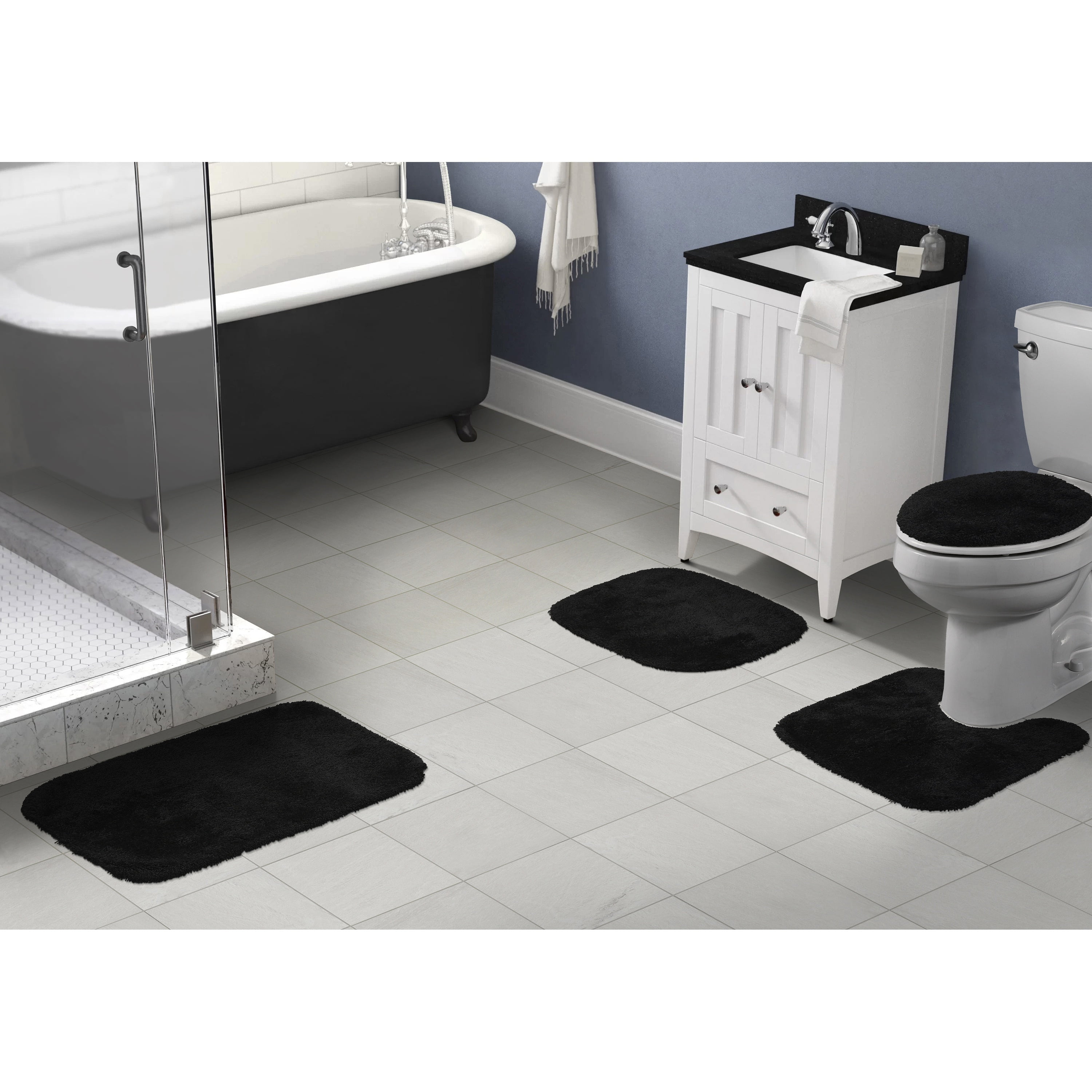 Garland Rug Finest Luxury Washable Bath Set, 4 Piece Set (2 Bath Rugs, Contour, & Lid) Black