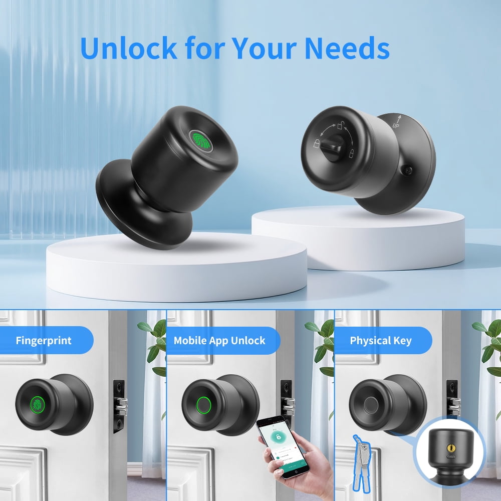 Fingerprint Door Lock, Smart Fingerprint DoorKnob with Lock, Biometric Door knob with AppControl & Key, Keyless Thumbprint Entry DoorLock for Bedroom, Front Door, Home, ApartmentOffice-Matte Black