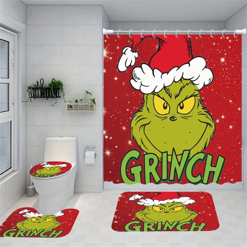 PONGUI 4 Pcs Christmas Bathroom Set, Christmas Shower Curtain Sets, Shower Curtain Non-Slip Rugs Toilet Lid Cover and Bath Mat Set, Christmas Holiday Bathroom Decor, 72x72 Inches, with 12 Hooks