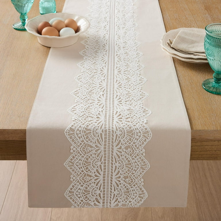 Nordic Beige Crochet Lace Table Runner with Tassel Cotton Wedding