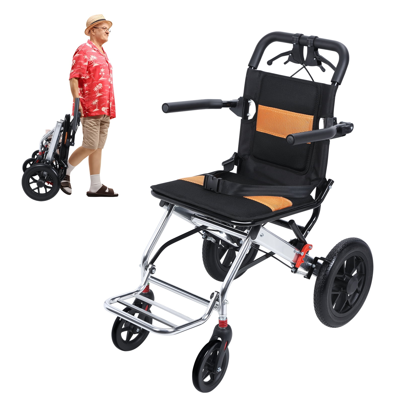 Wharick Wheelchairs for Adults Transport Wheelchair Lightweight Foldable Travel Wheelchair with Handbrake 12 inch Shock-absorbing Pump (Bearing 176.37lbs)
