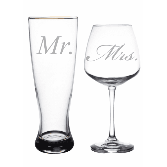 C&M Personal Gifts Mr. and Mrs. Wedding Set - 23 oz. Beer Pilsner and 18 oz. Wine Glass - Gift for Anniversary, Bridal, Engagement, Couples, and Weddings