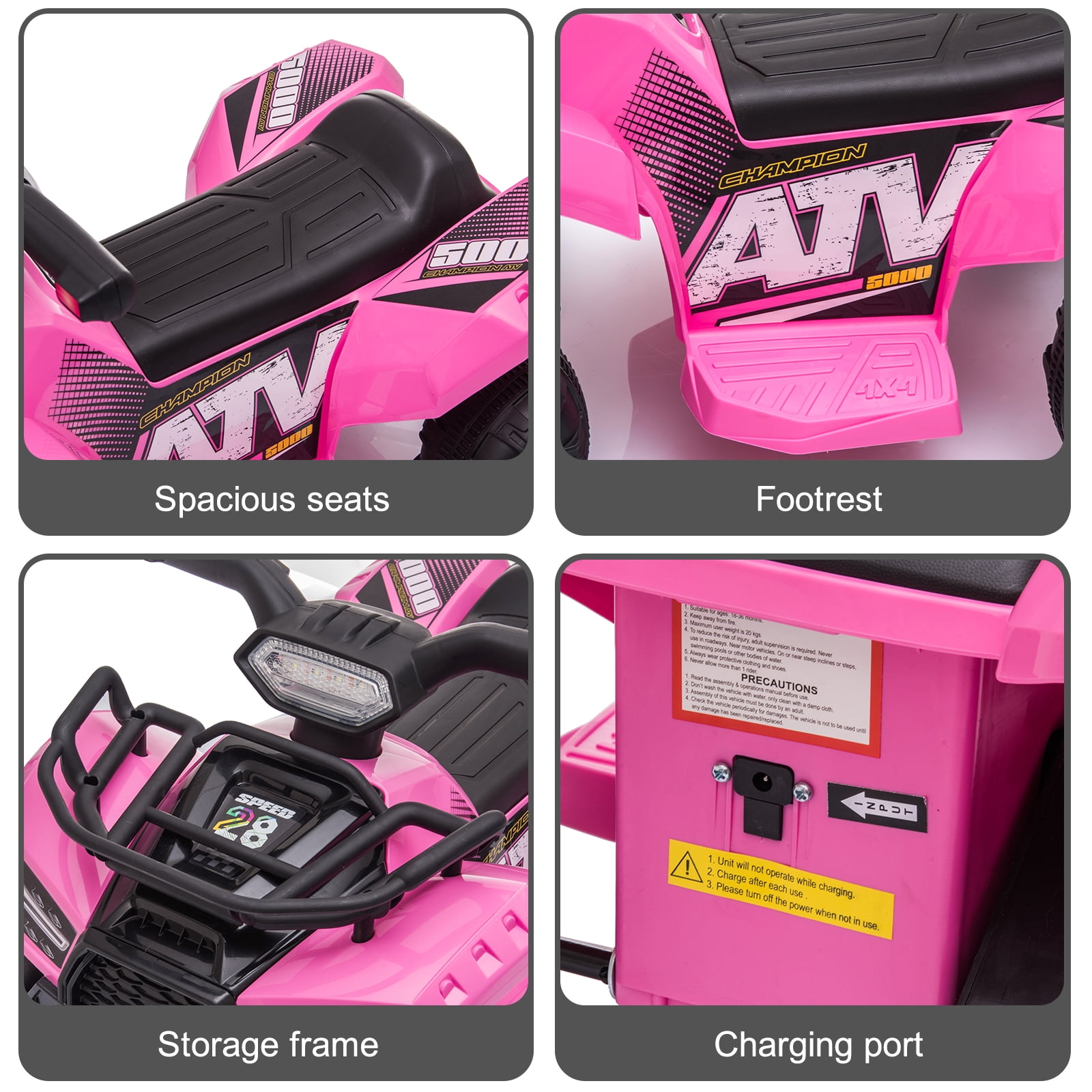 Kids Ride on ATV 6V Battery Powered, 4 Wheeler Electric Vehicle with Horn, MP3, Headlight, Best Gift for 18-36 Months Boys Girls, Adjustable Volume USB Toy Car（Pink）