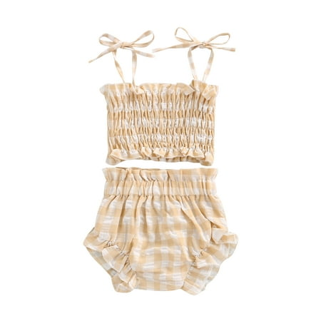 

wybzd Bbby Girl Summer Plaid Pattern Sleeveless Tie-Up Sling Pleated Crop Tops and Ruffled Short Pants 2PCS Set 0-24 Months