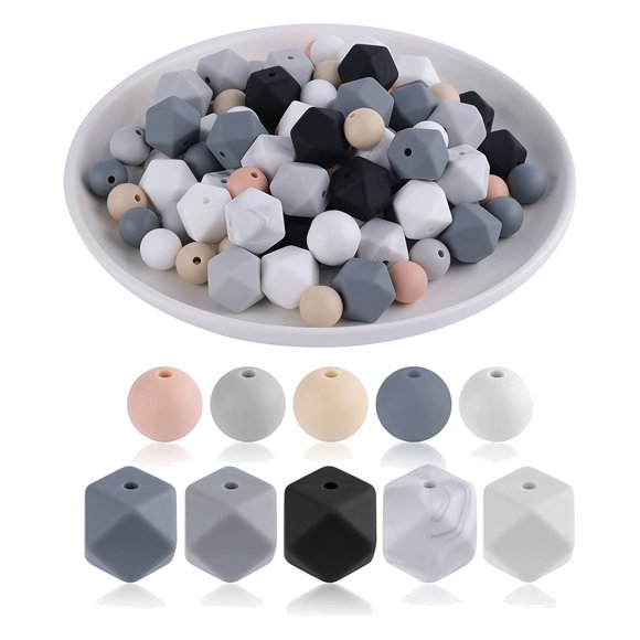 100Pcs Round and Hexagon Silicone Beads, Silicone Beads Bulk Making Kit for Keychain Jewelry Making