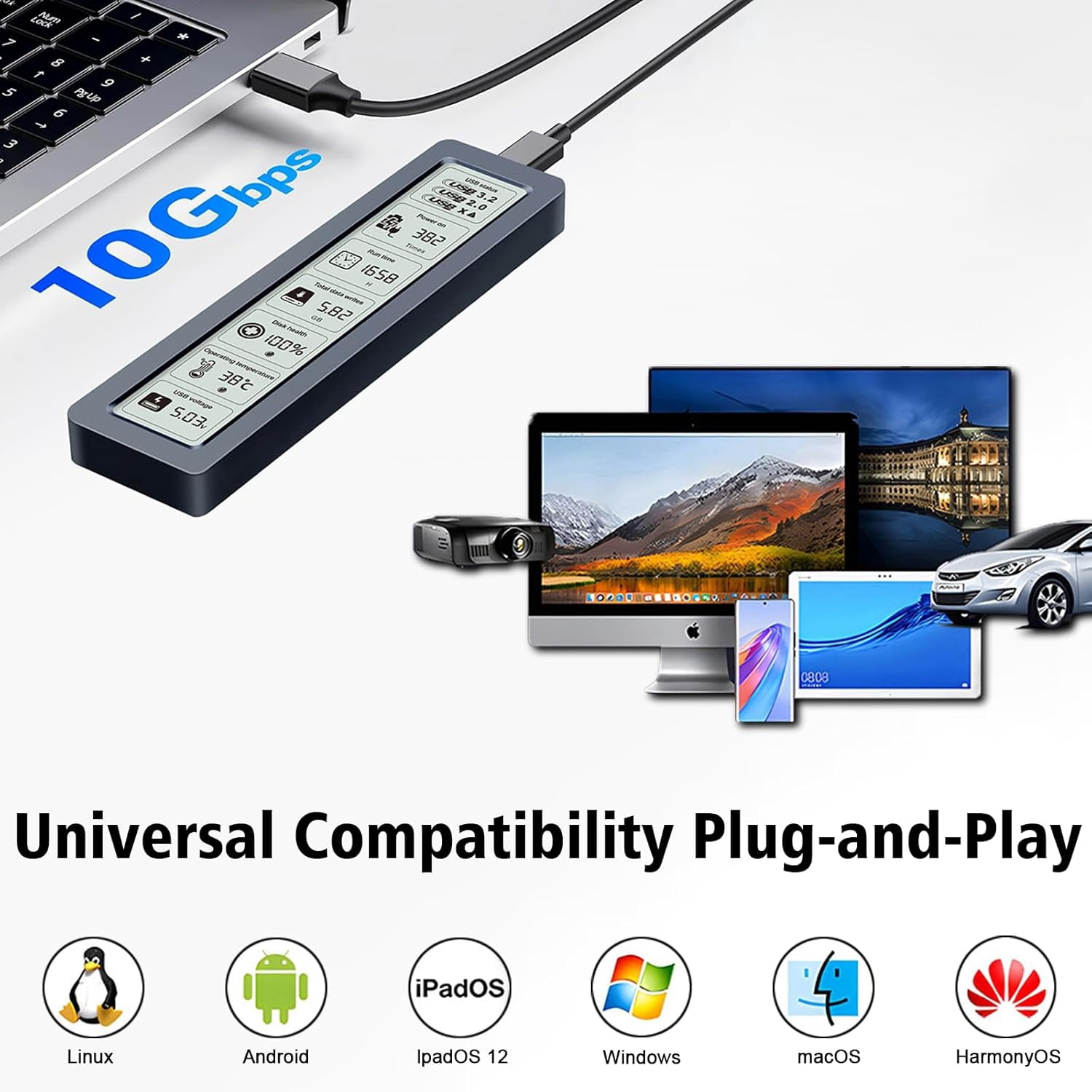 Smart M.2 NVMe SSD Enclosure with LCD Screen – 10Gbps USB 3.2 Gen2, Real-Time Health Monitoring, Tool-Free Installation, Heat Dissipation for NVMe PCIe 2230/2242/2260/2280 up to 4TB