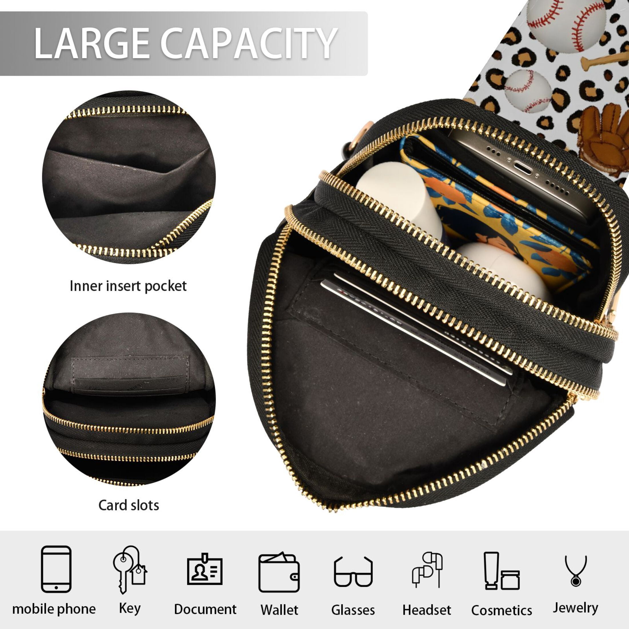 ALAZA Baseballs Leopard Sling Bag for Women Men Waterproof Crossbody Chest Bags
