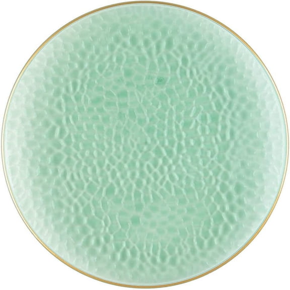 (1 PACK) EcoQuality 13" inch Round Charger Hammered Translucent Green Plastic Plates with Gold Rim - China Like Party Plates, Heavy Duty Large Disposable Dinner Salad Plate Weddings, Serveware
