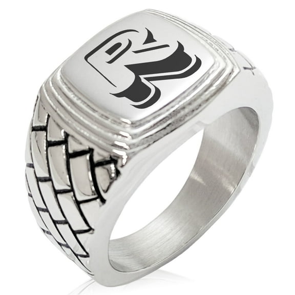 Tioneer Stainless Steel Letter R Alphabet Initial 3D Monogram Geometric Pattern Step-Down Biker Style Polished Ring