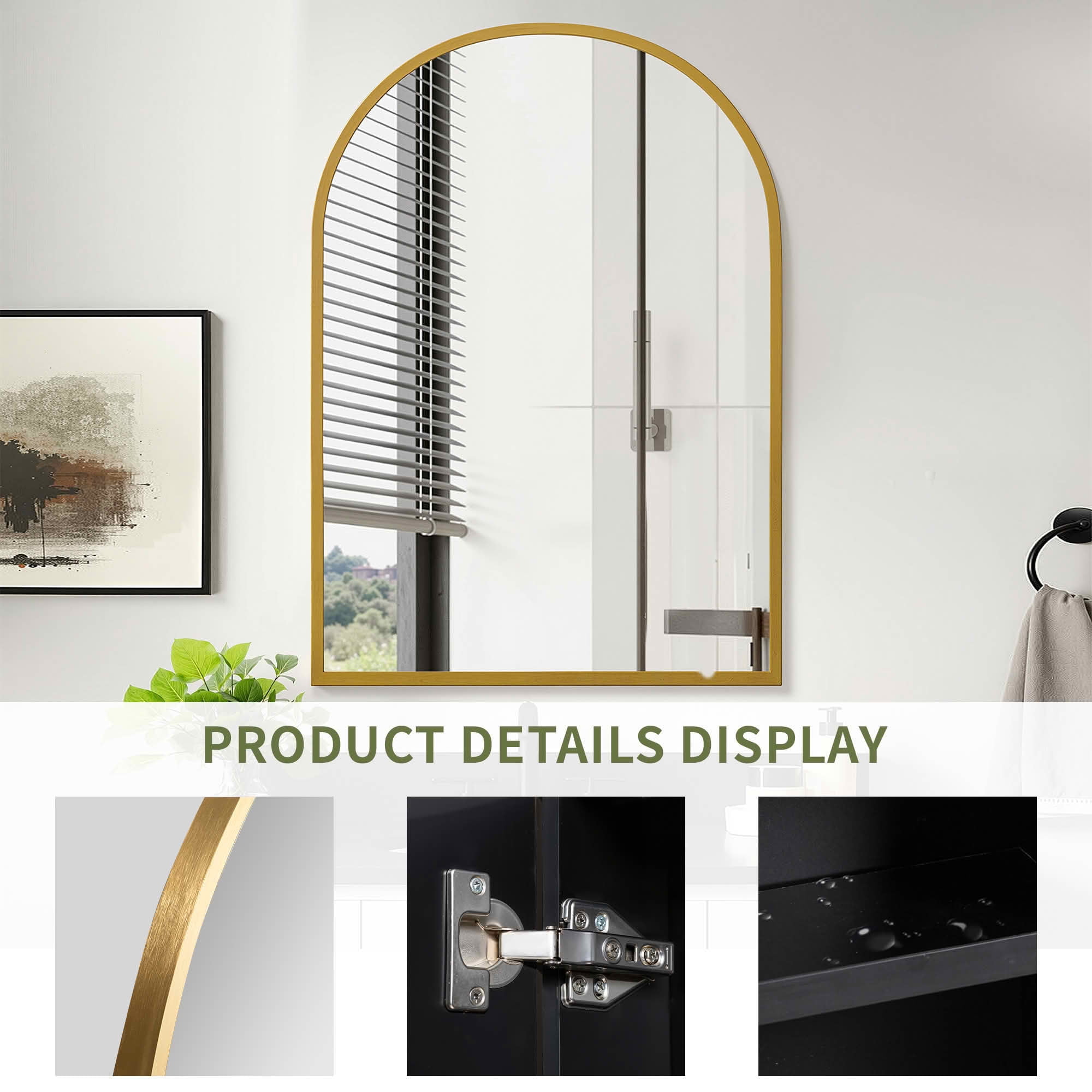 MAYEERTY 39x30x5 Inch Gold Metal Round Corner Arched Medicine Cabinet for Bathroom
