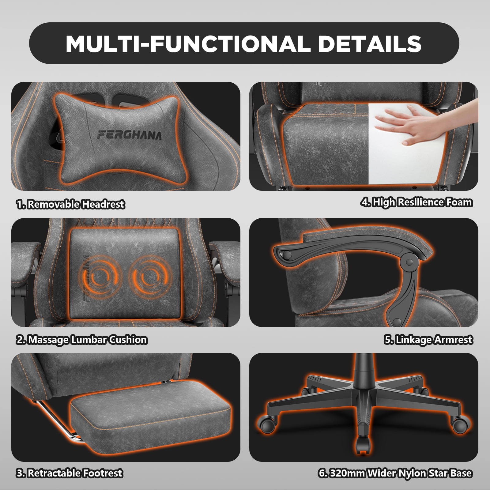 Luxvie Gaming Chair with Footrest Computer Ergonomic Office Chair with Massage Lumbar Support & Headrest, High Back Vintage Game Chair for Adults and Kids, Gray