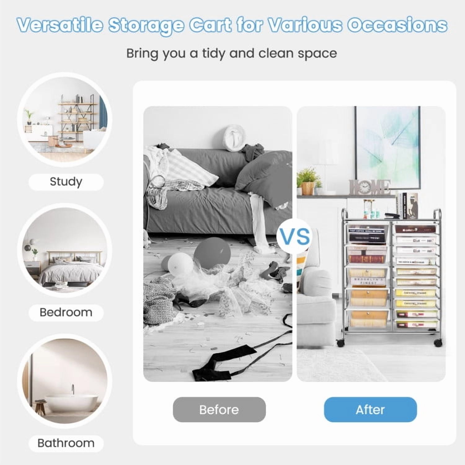 Demi Bonn 15-Drawer Utility Rolling Organizer Cart Multi-Use Storage with 4 Universal Casters, Transparent