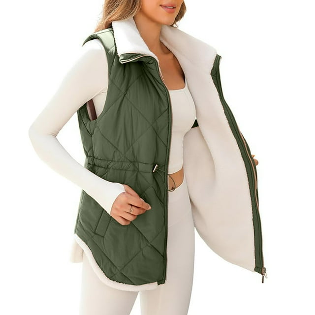 Penkiiy Veste Sans Manches Décontractée pour Femmes avec Col Montant, Chaude, Réversible, Fermeture Éclair, Poches, Vert Armée