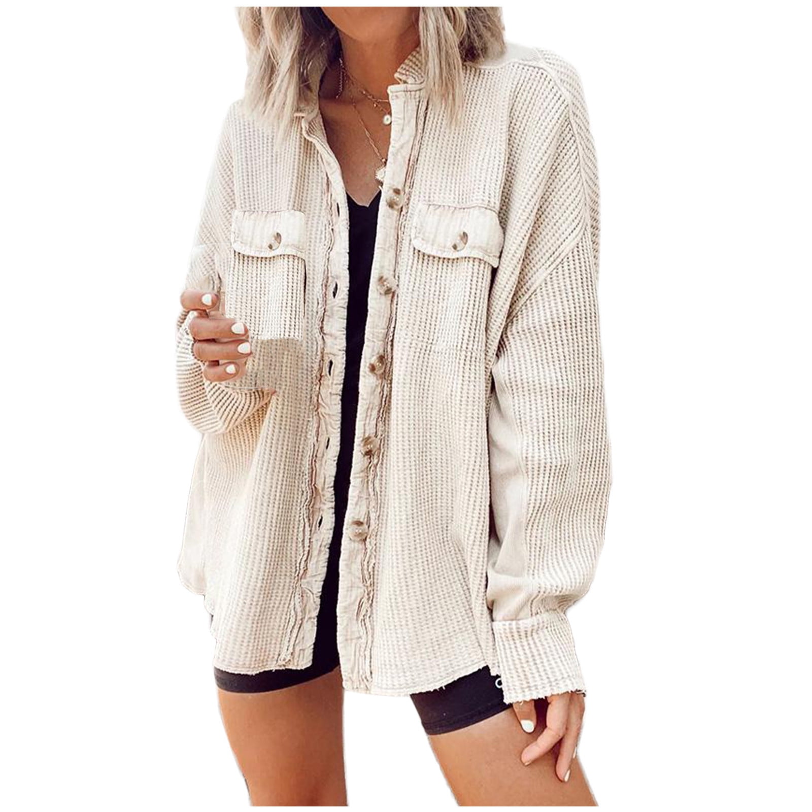 Womens Waffle Knit Shacket Boyfriend Shirt Jacket Button Down Blouse