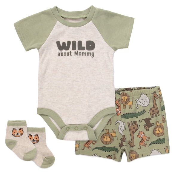 Baby Essentials 3 Months Infant Boys 3 Piece Bodysuit, Shorts, Socks Set Spring Summer Cotton Polyester Outfit in Wild About Mommy Print
