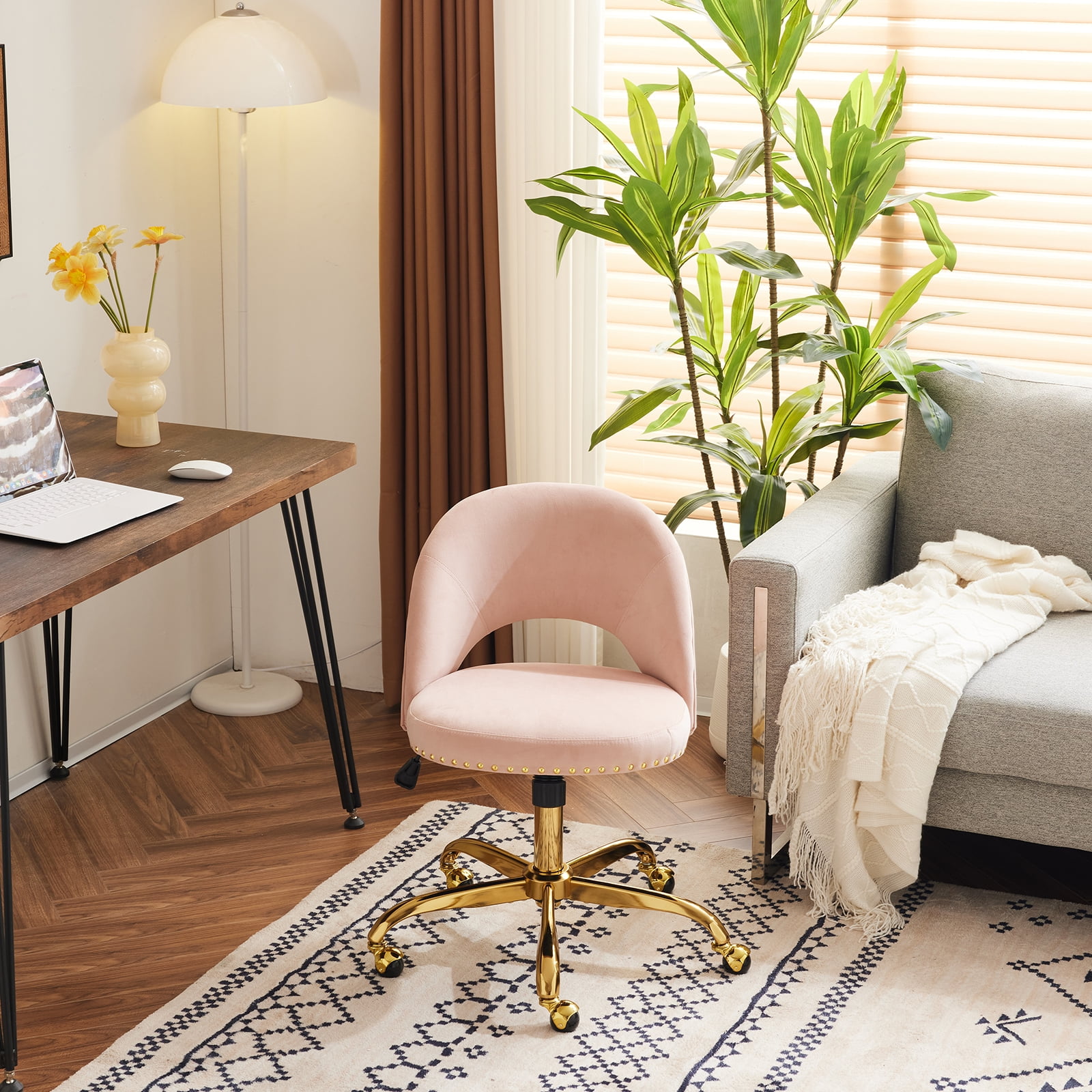 Ktaxon Office Desk Chair Adjustable Flannel Computer Task Chair Small Rolling Vanity Stool with Wheels for Study Make-up Dressing Room Pink