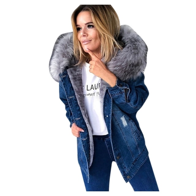 Birdeem Women's Plush and Thick Long Sleeved Collar Denim Solid Color Jacket