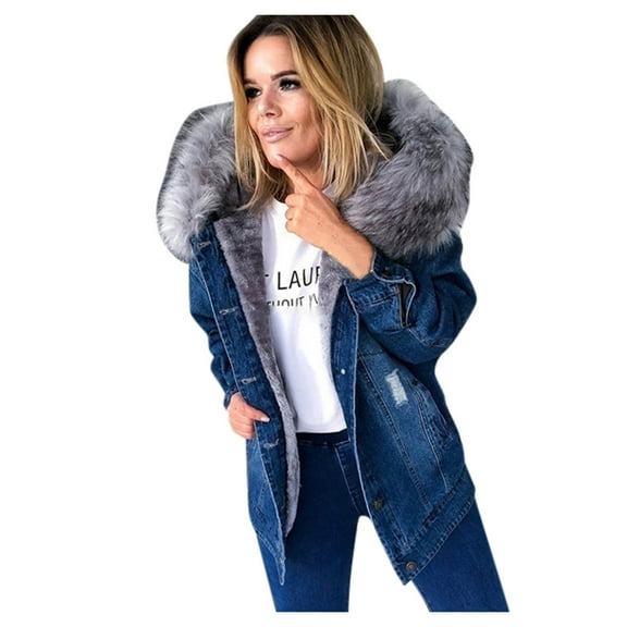 Lovskoo Womens Faux Fur Hooded Fleece Lined Distressed Denim Jacket Winter Thick Warm Long Sleeve Casual Button Outerwear Coat Dark Blue