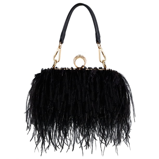 Bolso de mano Tessco para mujer, con plumas de avestruz, esponjoso, negro
