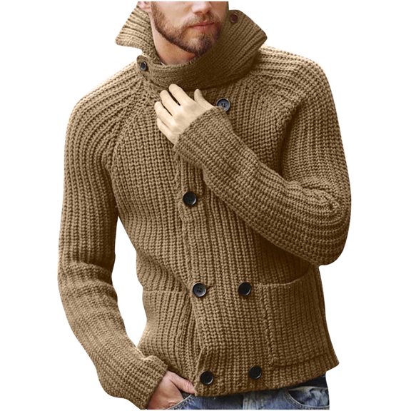 Odeerbi Sweaters For Men Fall Winter Sweaters Turtleneck Sweater Trendy Long Sleeve Pullover Double Breasted Long Sleeve Khaki
