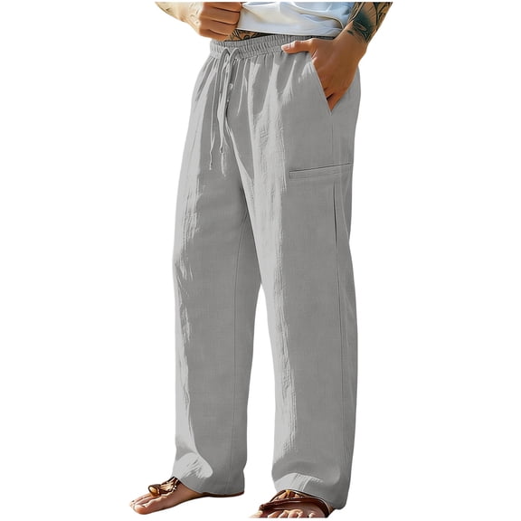 SeCaotees Casual Linen‑Style Trousers for Men Elastic Waistband Relaxed Straight Leg Wrinkle‑Resistant Fabric Daily Holiday Walking Pants Gray,XXL