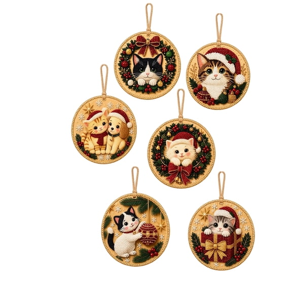 6 Pack Christmas Pet DIY Diamond Painting Ornaments, No Glue Pearl Sticker Art Kit for Kids Adults, Cute Cat Dog Hanging Decor for Xmas Tree Holiday Party Favors Gifts