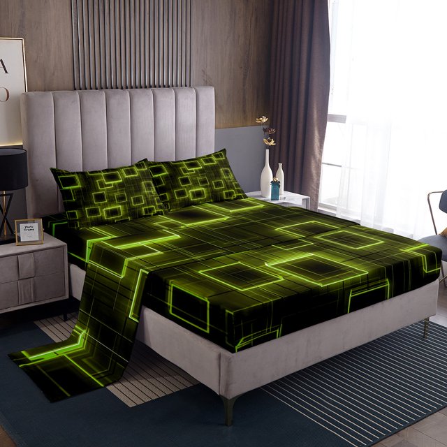 YST Geometry Yellow Green Sheet Set Geometric Strip Lines Sheets Full Size,Modern Gradient Cubes Bed Sheets Set Abstract Art Flat Fitted Sheet For Children Adult Bedroom Decor