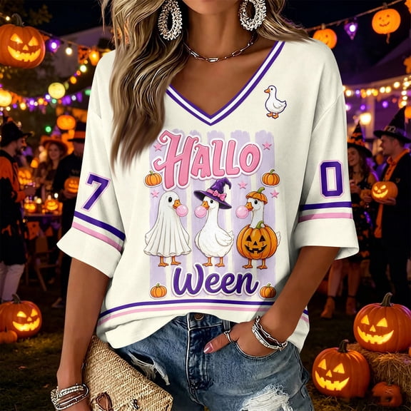 Halloween Shirts for Women Cute Ghost Graphic Tee Oversized 3/4 Sleeve V Neck T-Shirt Funny Pumpkin Print Spooky Fall Top