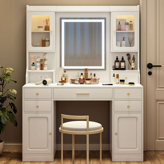 S-HOME Large White Makeup Vanity Table Set with Mirror, 6 Drawers & Shelves, Modern Dresser for Stylish Organization