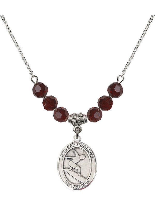 Bonyak Jewelry 18 Inch Rhodium Plated Necklace w// 6mm Jet Birth Month Stone Beads and Saint Christopher//Surfing Charm