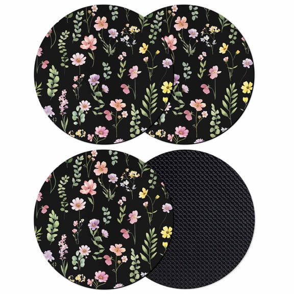 Pink Spring Floral Coasters Set of 4, Absorbent Coasters for Drinks, Flowers Botanical Elegant Pastoral Black Coaster for Desk Coffee Table Protection, Home Decor House Warming Gifts 4"