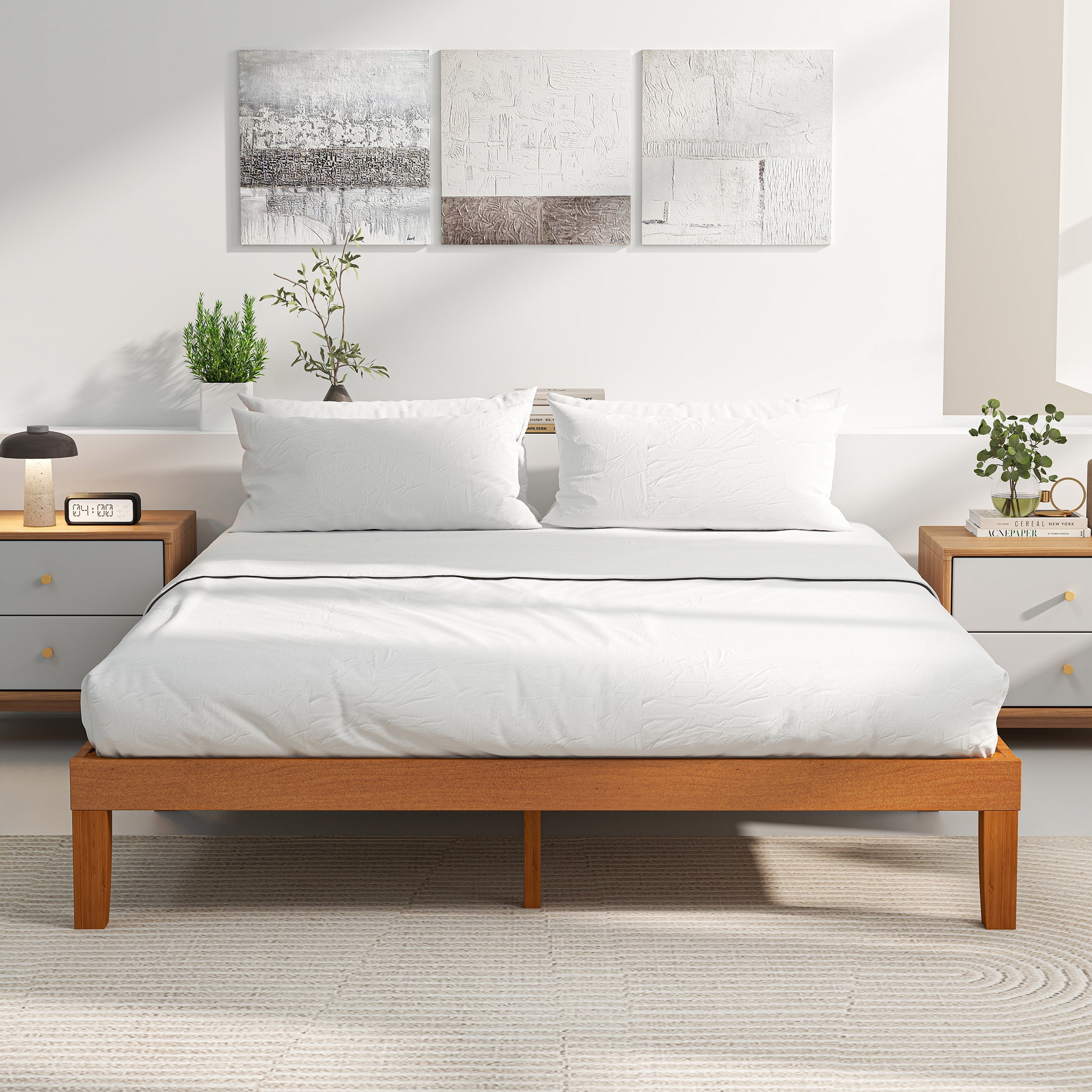 JIOABL King Size Wood Bed Frame, 12in Platform with Support Slats, No Spring Needed, Natural Pine