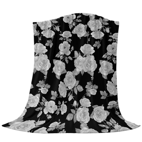 Spring Summer Throw Flannel Blanket Classic Gray Rose Flower Super Soft Cozy Bed Blanket, Lightweight Plush Fuzzy Bed Throw for Bedroom Sofa Couch Living Room 32x48in