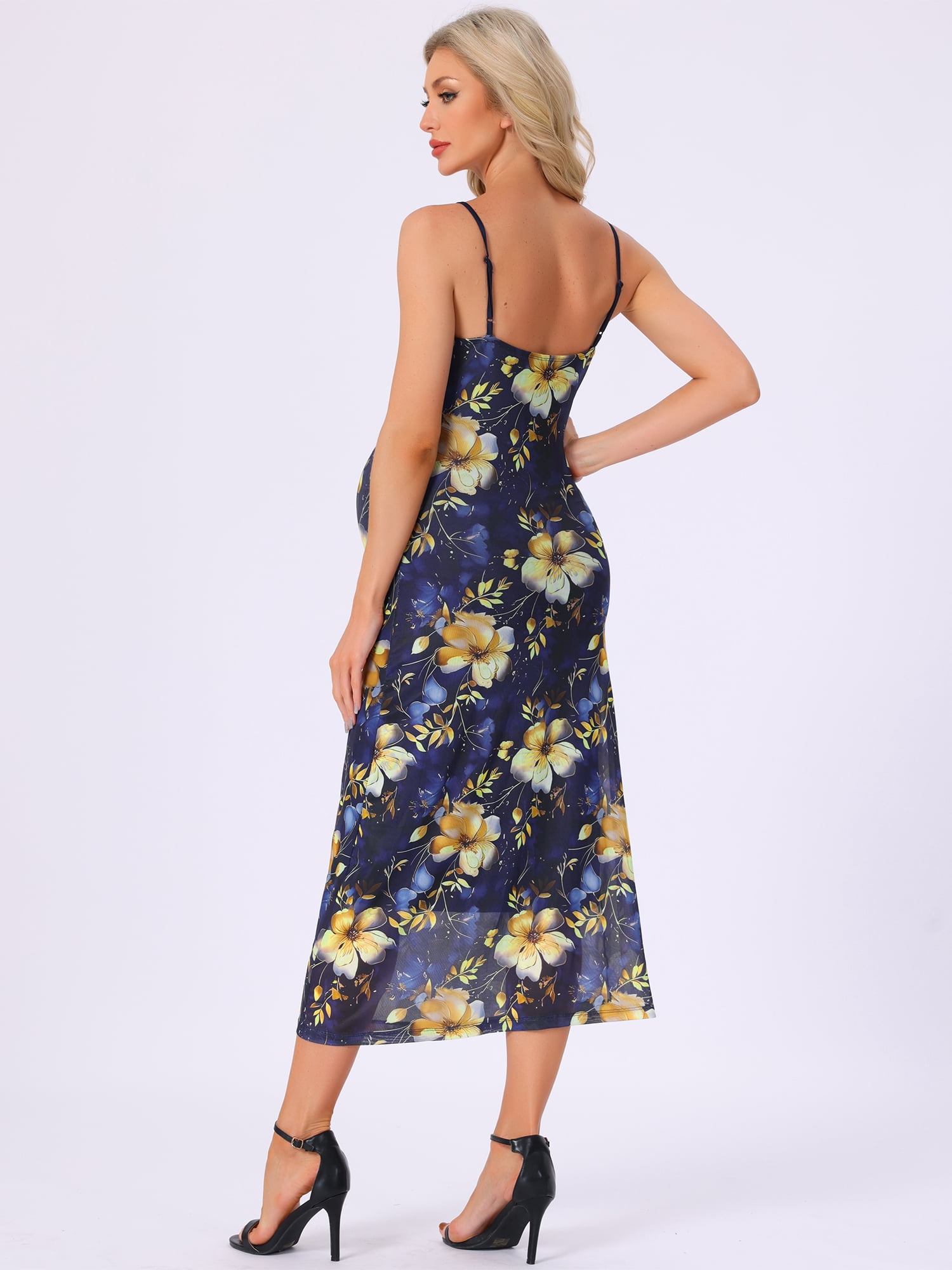 DARING DIVA Women's Mesh Ruched Side Bodycon Spaghetti Strap Maternity Dress XL Deep Blue
