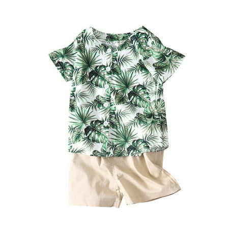 Dianli up to 60% off Gifts Boys Summer Beach Style Coconuts Tree Print Short Sleeve Shirt Shorts Set Short Sleeve Gentleman s Top Shorts Two Piece Set 6 Months-3 Years Old Green 2Y