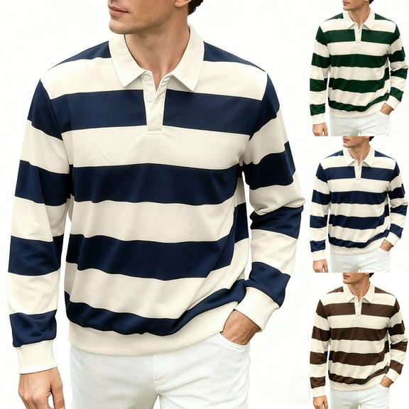 FRSASU Men's Casual Fashion Striped Polo Shirt Business Casual Long Sleeve Lapel Buttons Pullover Tops Navy