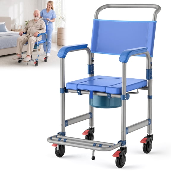 Morrean Rolling Shower Chair Bedside Commode, Lockable Wheelchair Bedside Toilet Seat, 6.3QT Removable Bucket and Splash Guard, 330lbs Load