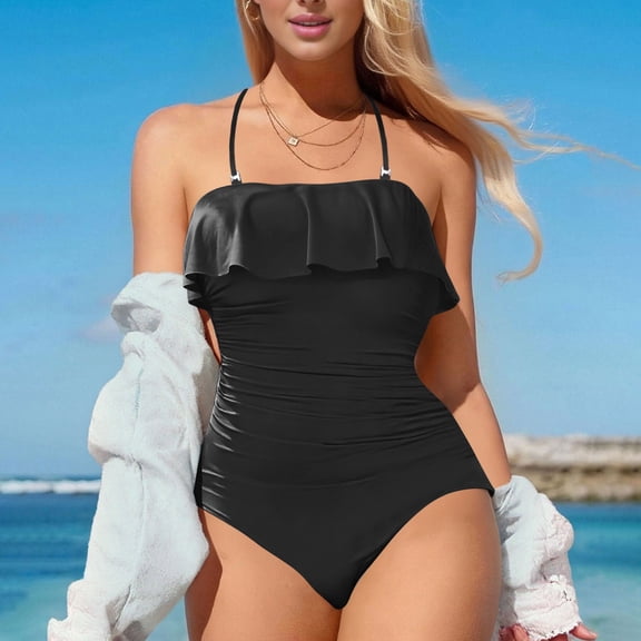 Ayolanni Girls Swimsuit One-Piece Push-Up Tummy Control Ruffled Swimwear Solid Flowy Open Back Strapless Bandeau Bathing Suit Black L