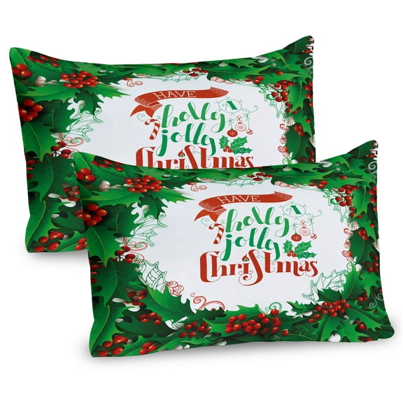 Ambesonne Christmas Pillow Sham 2 Pack, Berries Frame Words, 26"x20", Green Red and White